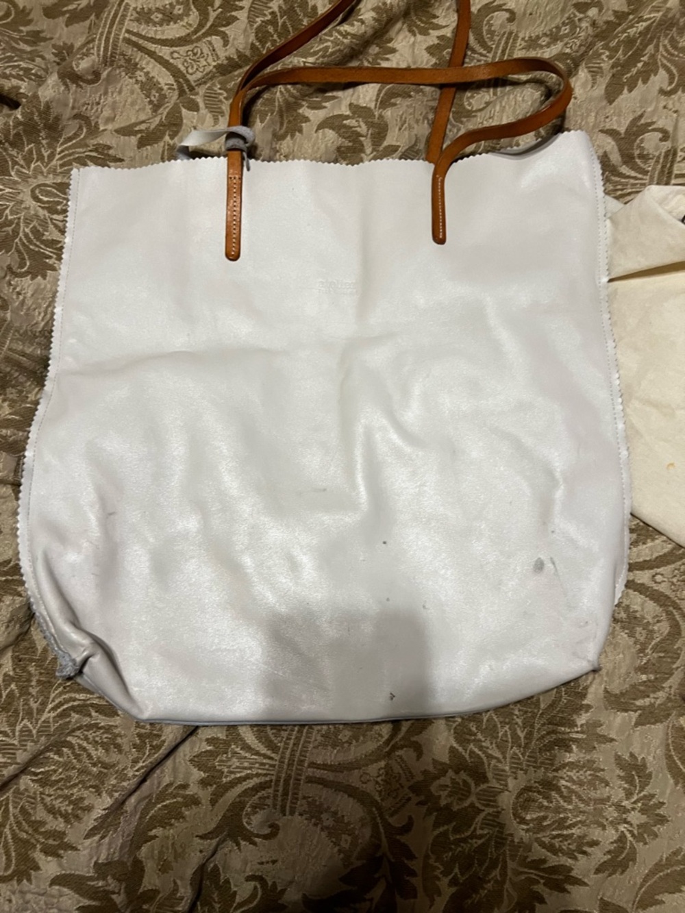 White Tote Bag with Gray Leaf and Brown Straps - Picture 3 of 4